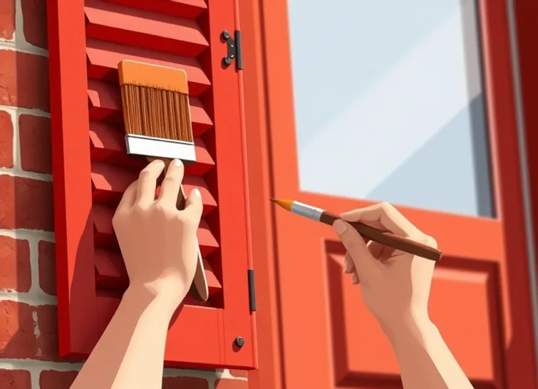 Mise en peinture au pinceau de volets et d'encadrements en bois