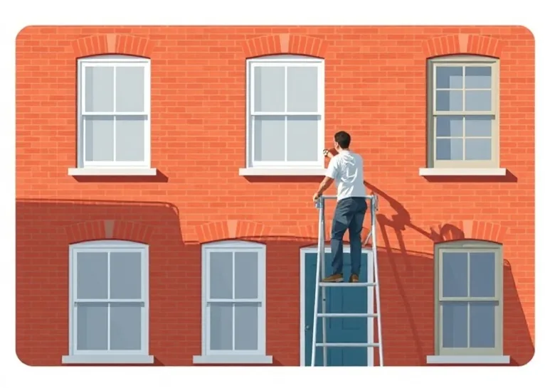 Peintre sur échafaudage traitant la façade d'une maison